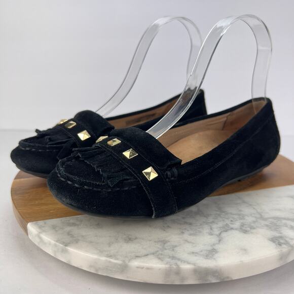 Vionic 5 Thera/VS080 Leather Fringe Studded Detail Women's Black Suede Moccasin - Picture 2 of 9